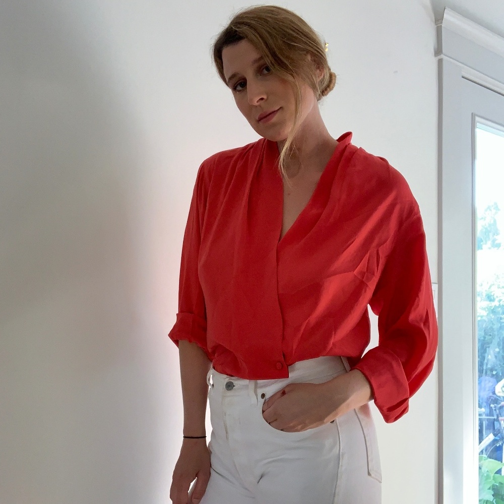 Vintage Christian Dior coral red silk blouse